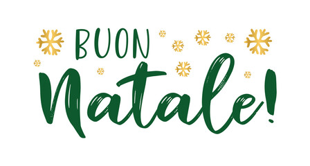 Buon Natale quote in Italian as logo or header. Translated Merry Christmas. Celebration Lettering for poster, card, invitation.
