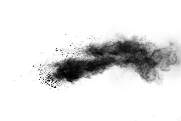 Black powder explosion isolated on white background.
