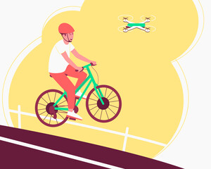 Fototapeta premium The quadcopter tracks the athlete on the bike, follows him during his movement. The photographs capture elements of the thrill of sports. Flat vector illustration.