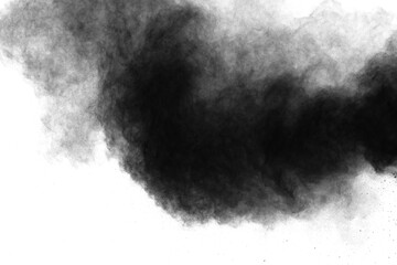 Black powder explosion isolated on white background.