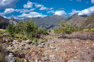 Mountain landscape with pyramids of stones. Altai republic