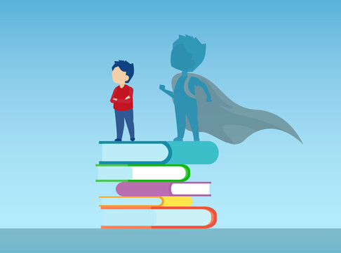Vector of a boy standing on a pile of books with super hero shadow of himself