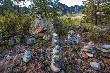 Mountain landscape with pyramids of stones. Altai republic