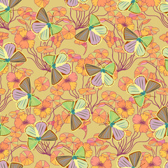 Obraz premium Seamless pattern of plants of flowers nasturtium and butterflies. Vector stock illustration eps10