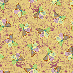 Seamless pattern of plants of flowers nasturtium and butterflies. Vector stock illustration eps10