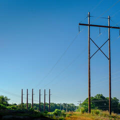 Electrical pylons and cables over the meadow on blue sky background