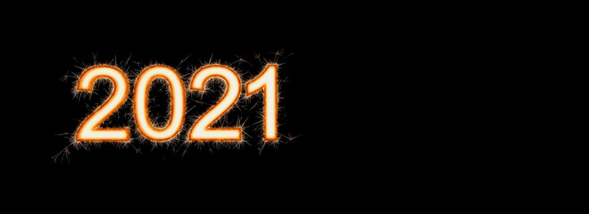 frohes neues jahr banner, 2021 zahl aus goldenen funken oder wunderkerzen, illustration mit text...