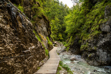Hiking through the so called Grießbachklamm, a little creek leading through a gorge canyon at a cloudy day in summer.
