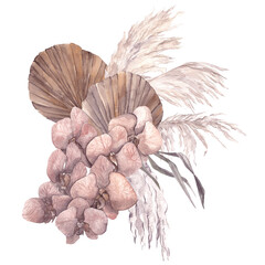 Watercolor bouquet with dried flowers, leaves, pampas grass, protea, banksia, palm leaf, orchid and rose, isolated on white background