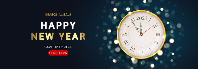 Naklejka premium 2021 Happy New Year sale promo banner. Vector illustration with realistic wall clock and effect bokeh on dark background. Holiday greeting card. Seasonal ads.