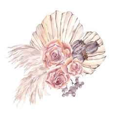 Watercolor bouquet with dried flowers, leaves, pampas grass, protea, banksia, palm leaf, orchid and rose, isolated on white background