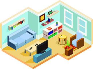 Isometric room Vector Illustration Teenager or student interior