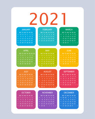 2021 Year Calendar. Colorful vector design. Week starts on Monday