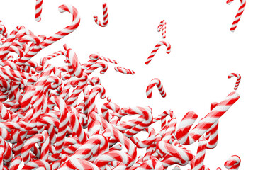 Pouring peppermint candy canes abstract background isolated on white. Close-up of christmas striped candy canes decorative design wallpaper. 3D render