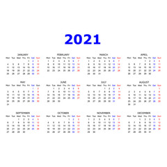 Calendar 2021 year. Simple design. Week starts on Monday 