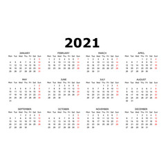 Calendar 2021 year. Simple design. Week starts on Monday 