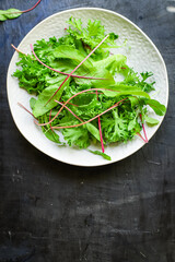 Healthy salad raw leaves mix salad micro greens serving size natural juicy snack. food background keto or paleo diet