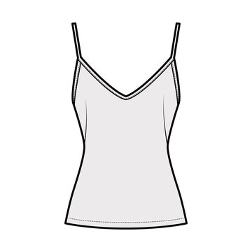 Camisole slip top technical fashion illustration with sweetheart neck, thin straps, slim fit, back zip fastening. Flat outwear tank apparel template front, grey color. Women, men, unisex CAD mockup