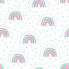 Rucksack Regenbogen kindisches nahtloses Muster mit Punkten. Trendiger Kindervektorhintergrund. Verwendung für Stoffe, Tapeten, Oberflächenmusterdesign, Kindermode © StockArtRoom