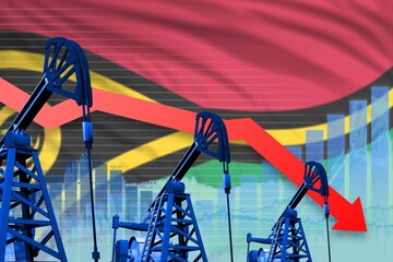 lowering, falling graph on Vanuatu flag background - industrial illustration of Vanuatu oil industry or market concept. 3D Illustration