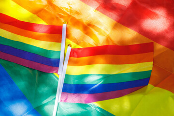 small LGBT flags against the background of a large flag of sexual minorities filling the picture