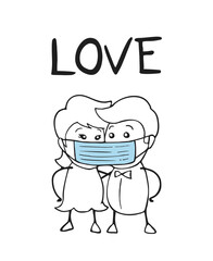 Funny illustration of couple sharing proteciton mask