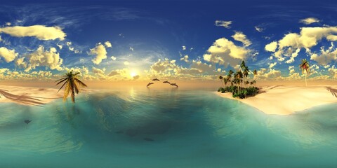 Fototapeta na wymiar HDRI, environment map , Round panorama, spherical panorama, equidistant projection, panorama 360, Beautiful beach with palm trees, tropical seascape, 3d rendering