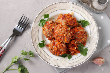 Meatballs with rice and minced beef in tomato sauce in plate on light gray background, horizontal format, View from above