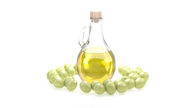 Bouteille d'huile en rotation. Les olives vertes de l'olivier sont r&eacute;colt&eacute;es et press&eacute;es pour produire de l'huile d'olive. Rendu 3D
