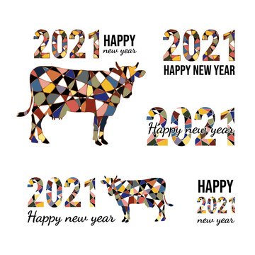 Happy new year 2021 with mosaic cow and numerals. Chinese horoscope sign bull. Mosaic style cow made of black and colored pieces.