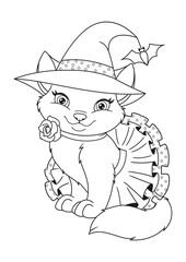Cat Dressed as Halloween Witch Coloring Page. Black and white cartoon illustration