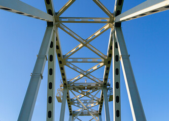 metal structures of the railway bridge against the blue sky