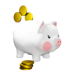 Ceramic cute piggy bank with gold coins. Fat white piggy bank with pink cheeks,financial symbol. 3D render