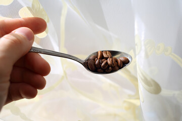 Young man's hand holds small beautiful metal silver teaspoon with roasted dark brown coffee beans against background of light translucent fabric illuminated by sunlight