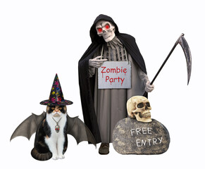 A cat with bat wings is sitting near a grim reaper and a stone with skull for Halloween. White...