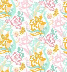  floral pattern with open tulips painted in gouache with a free brush for the design of fabrics on white background in an artistic manner