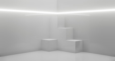 3d rendering. Abstract composition of geometric shapes in a bright room with neon lighting. A podium for your mockup.