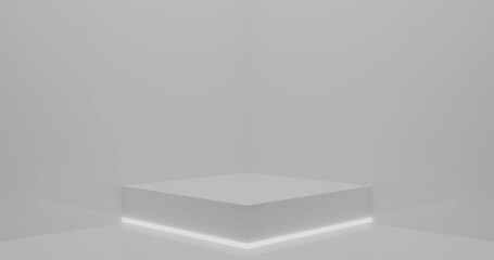 3d rendering. Abstract composition of geometric shapes in a bright room with neon lighting. A podium for your mockup.