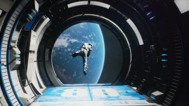 The astronaut has fun or escapes and jumps out of the spaceship's airlock into outer space. The animation is for fantastic, the futuristic or space travel backgrounds.