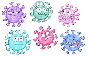 Hand drawn funny cartoon illustration of a molecules of coronavirus covid-19 infection with different emotions. Funny doodle image for kids. Isolated on a white background