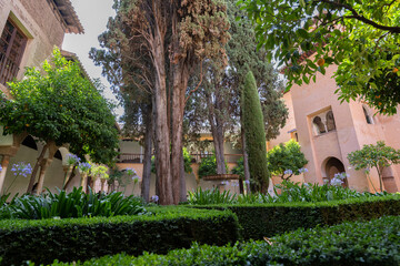 Interior and exterior of the historical building Alhambra, in Granada, Spain in a sunny day in 2020.
