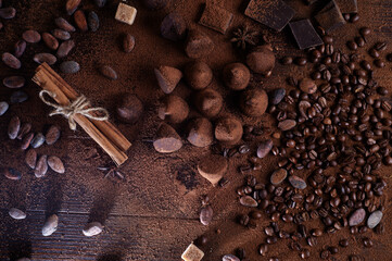 art background with healthy delicious dark truffles, chocolate  and  ingridients:  natural cocoa...