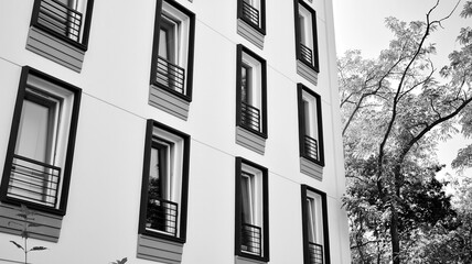 Detail of modern residential flat apartment building exterior. Fragment of new luxury house and home complex. Black and white.