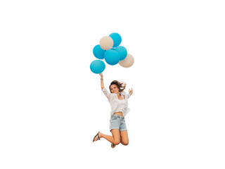 Fototapeta na wymiar Young woman jumping with blue and white helium balloons isolated on white