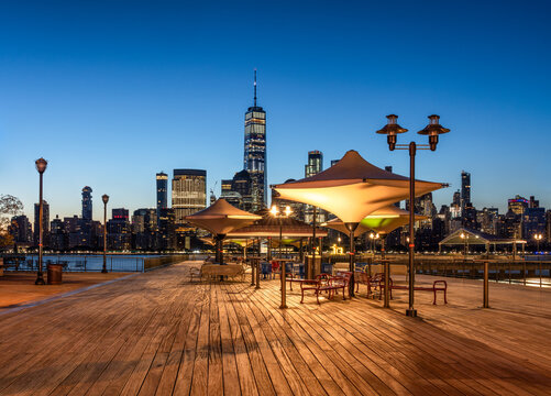 J Owen Grundy Park with Manhattan Skyline at dusk, New York City, USA
