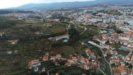 Naklejka premium Bragança, historical city with castle in Portugal. Aerial Drone Photo
