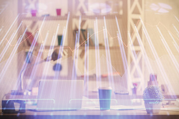 Double exposure of stock market graph drawing and office interior background. Concept of financial analysis.