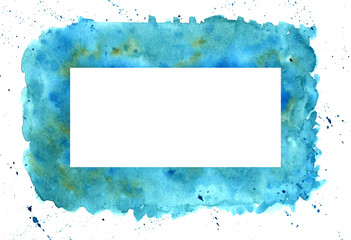 Abstract watercolor background in blue, turquoise with splashes of paint with white rectangular space for text.