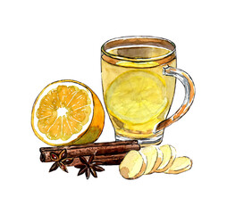 A Cup of hot tea with ginger, lemon, cinnamon and cloves, isolated on a white background. Watercolor illustration of a healthy drink.
