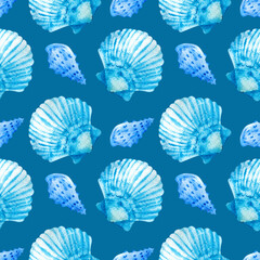 Watercolor seamless patterns with blue seashells on a blue background. Perfect for postcards, patterns, banners, posters, nautical wallpapers, gift wrapping or clothing prints